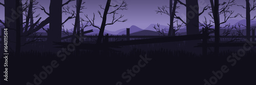 Mysterious landscape for product placement. Fantasy game background with purple mountains and a haunted forest scene.