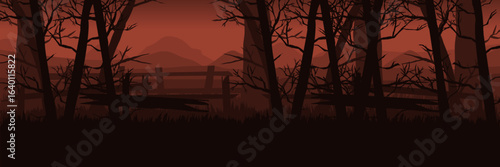 Graphic design asset for Halloween festival merchandise. Dark horror forest for scary apparel and commercial products.