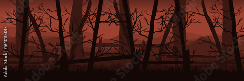 Digital marketing background for a terrifying Halloween event. Ominous red forest for a social media teaser campaign.