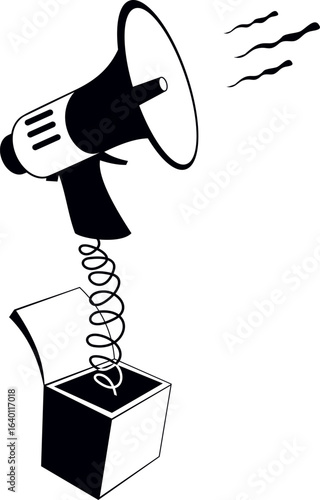 News. Advertisement. Megaphone. Concept. 
Megaphone on a spring pops out of the box. Black and white illustration
