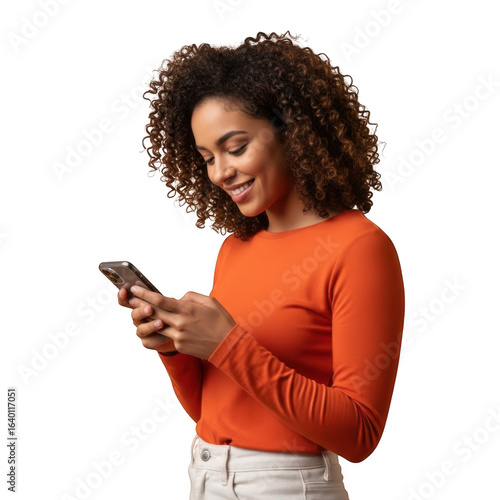 Smiling young woman with curly hair wearing an orange long sleeve shirt and white pants looking down at her smartphone isolated on transparent background