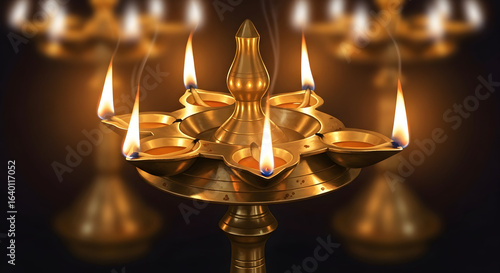 Traditional brass oil lamp with multiple flames used in hindu temple rituals