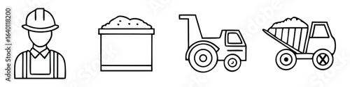 Construction worker hard hat sand bag tractor and dump truck icons safety helmet