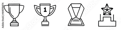 Four black outline award icons trophies and medals on white background trophy winner