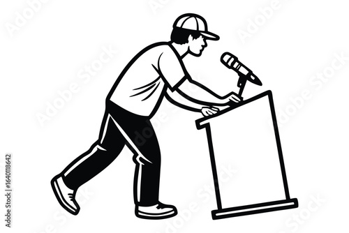 Man in baseball cap speaking at a podium with microphone speech