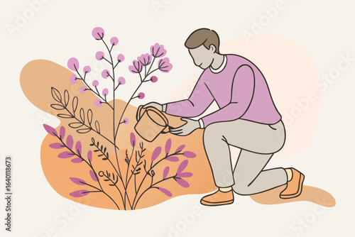 Vector art of man watering a plant in a garden