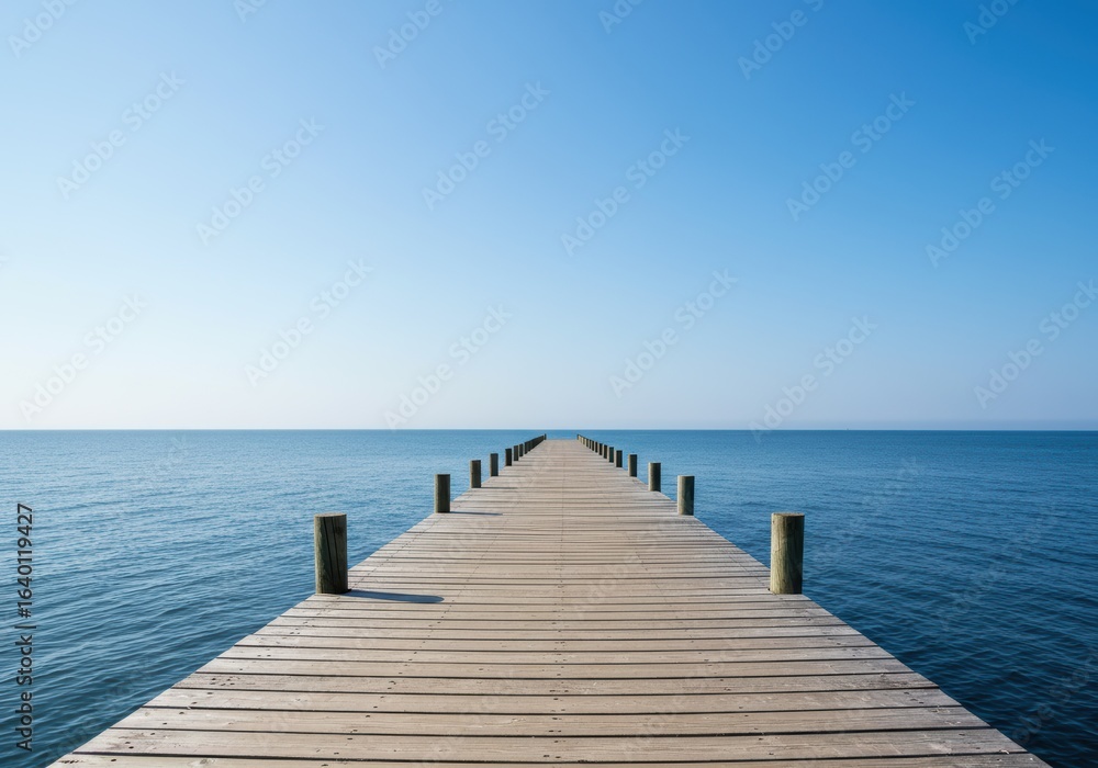 Fototapeta premium Wooden pier extending over calm blue water under a clear sky, a serene coastal scene.