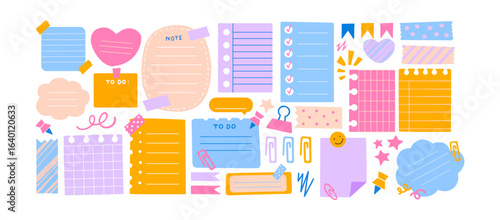 Retro Office Stickers Set. Cartoon paper notes, sticky reminders, to-do lists, planner clippings, and school stationery in vintage doodle style. Vector collection of office forms and reminders.