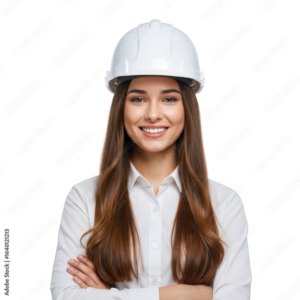Smiling young woman wearing a white hard hat and collared shirt with arms crossed isolated on transparent background Smiling young woman wearing a white hard hat and collared shirt with arms crossed isolated on transparent background