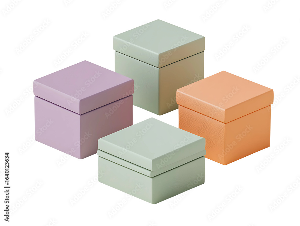 Fototapeta premium Four pastel square gift boxes isolated on transparent background