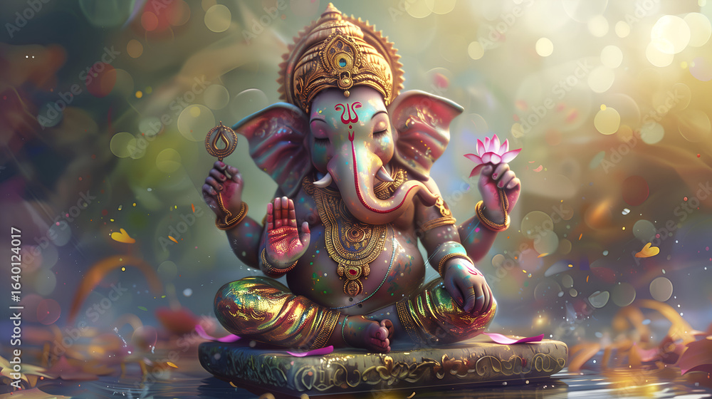 Fototapeta premium Lord Ganesha meditating with a lotus flower