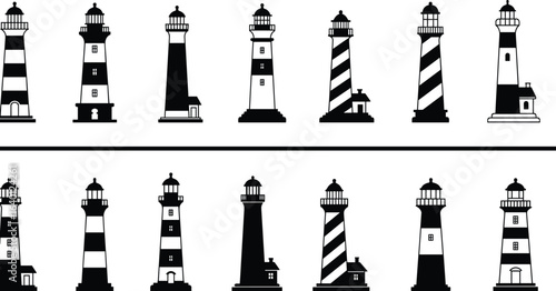 Lighthouse silhouette set, sixteen unique designs, striped and solid towers, coastal beacon icons, vector illustration for navigation, marine themes, decor, and travel concepts