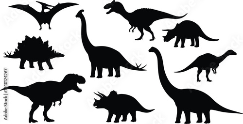 PrintDinosaur silhouette set, eight prehistoric species, T-Rex, Triceratops, Stegosaurus, Pterosaur, Sauropod, black vector illustration for science, education, decor, and children’s themes