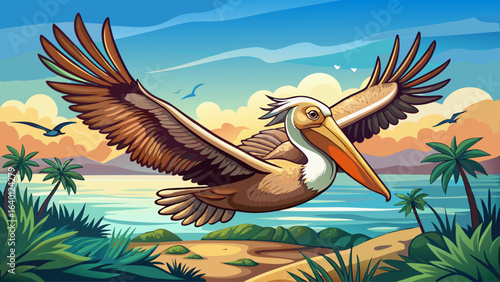 A brown pelican (Pelecanus occidentalis) in flight at Moss Landing, California, graceful wings outstretched, gliding above shimmering water, coastal breeze, serene horizon, natural elegance, wild beau