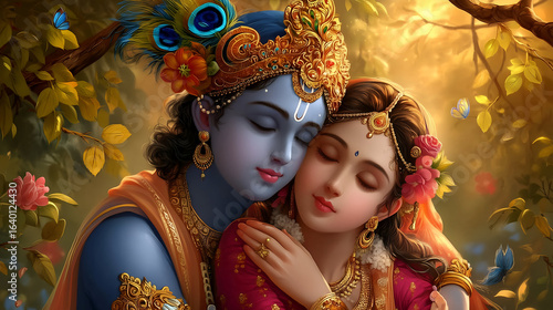 Fototapeta Naklejka Na Ścianę i Meble -  Lord Krishna and Radha romantic embrace in autumn forest digital painting