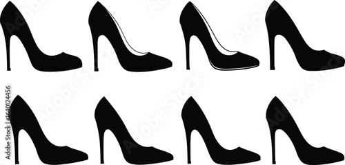 High heel shoe silhouette set, eight identical stiletto designs, pointed toe fashion icons, vector illustration for style, retail, accessories, and feminine themes