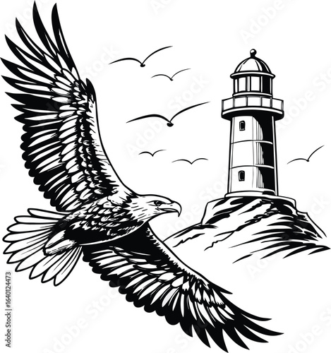 Eagle Flying Near Lighthouse Black and White Vector Illustration