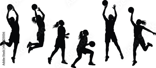 PrintBasketball player silhouette set, five dynamic poses, dribbling, jumping, shooting actions, vector illustration for sports design, athletic themes, training, and team concepts