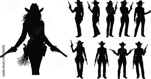 Cowgirl silhouette illustration set, nine armed poses, Western theme, cowboy hat, gun stance, vector art, perfect for decor, education, icons, and design
