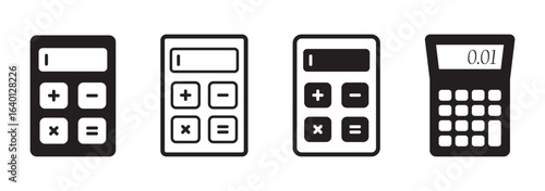 Calculator icon. Symbol of tax accounting scientific keyboard device. Vector set of numeric mathematical formula solving digital counter in flat outline style