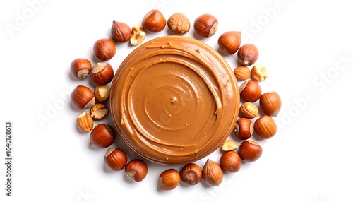 Hazelnut spread and hazelnuts top view