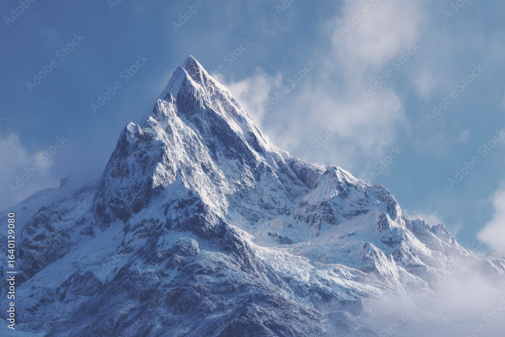Obraz premium Snow-covered mountain peak under a bright blue sky with scattered clouds. Majestic and serene landscape.