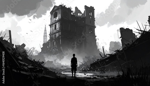 Solitary figure in desolate urban ruins
