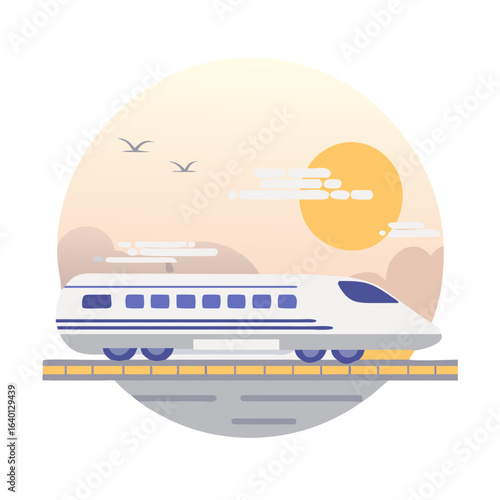Vector Illustration of a Modern Shinkansen Train in a Scenic Landscape Under a Sunset