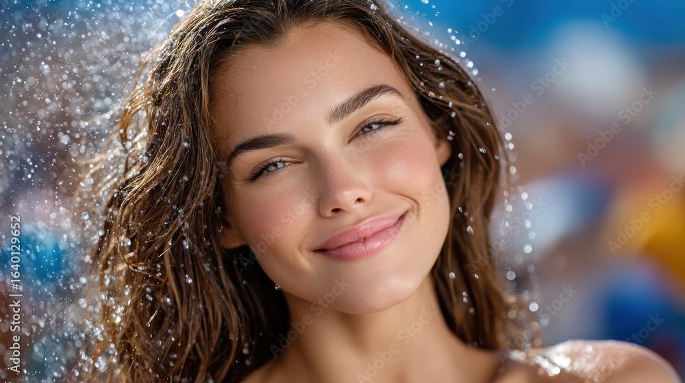 Fototapeta premium Joyful young woman enjoying refreshing water outdoors