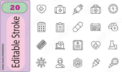 Medical and Healthcare Icons Set Editable Stroke medicine