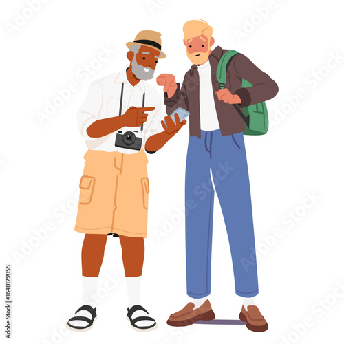 Senior and young men tourists being lost in foreign city looking at navigation map in smartphone