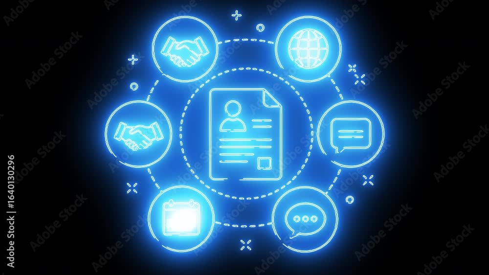 Digital profile with interconnected icons for communication, email, cloud, and global connectivity in neon style Digital profile with interconnected icons for communication, email, cloud, and global connectivity in neon style