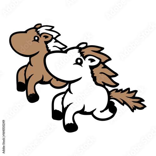 2 Horse Friends Happy Running Jumping Cute Little Team