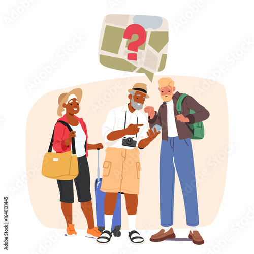 Touristic group of retired people lost during foreign journey looking at smartphone navigation map
