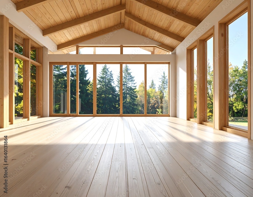 Obraz premium Spacious room with large windows showcasing a forest view.