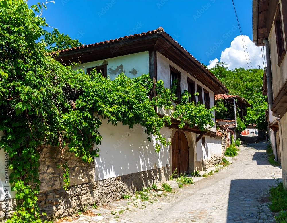 Obraz premium Picturesque cobblestone street lined with traditional whitewashed houses.