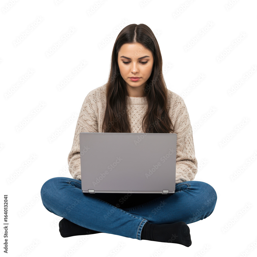 Naklejka premium Young woman sitting cross legged with a laptop computer in front of her focused on the screen isolated on transparent background
