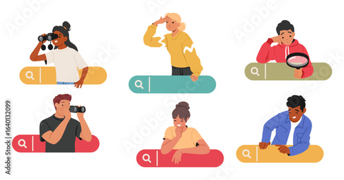Diverse young people cartoon character searching information, doing marketing research on internet