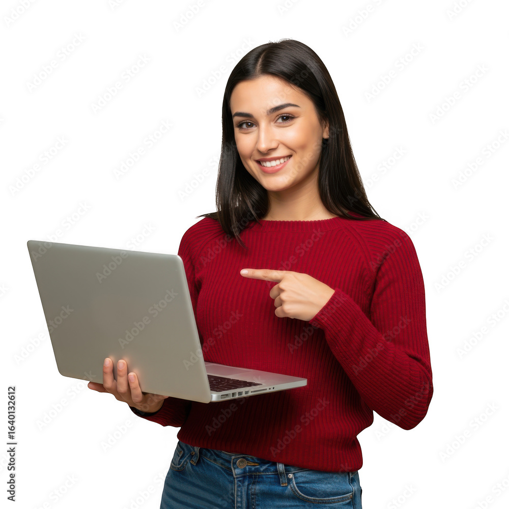 A young woman with dark hair wearing a maroon sweater and blue jeans holds a silver laptop and points to the screen isolated on transparent background A young woman with dark hair wearing a maroon sweater and blue jeans holds a silver laptop and points to the screen isolated on transparent background