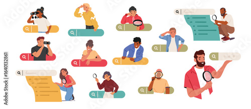 Set of people characters browsing online using search bars for looking information, job opportunity