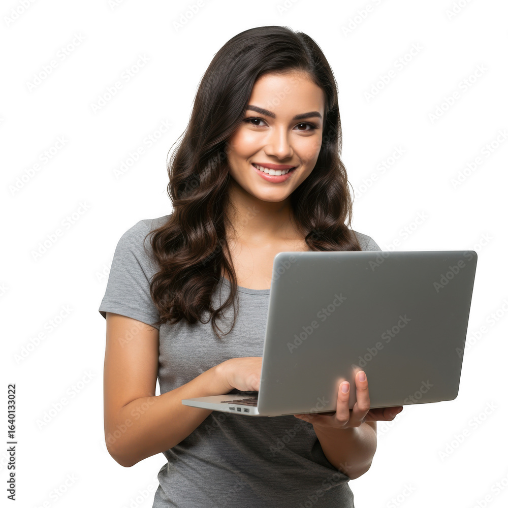 Young woman smiling while typing on a silver laptop computer engaged in digital work or study isolated on transparent background Young woman smiling while typing on a silver laptop computer engaged in digital work or study isolated on transparent background