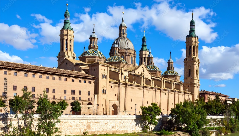Fototapeta premium A grand cathedral, light beige stone facade, under a vibrant blue sky