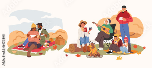 Happy family couple and parents with children enjoying autumn picnic outdoors cartoon scene