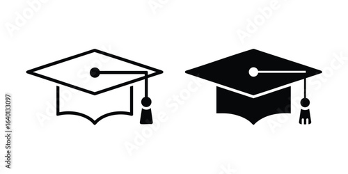 Two graduation caps one outline and one solid black isolated on white