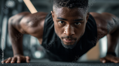 Man doing push ups in the gym with sweat on his face and arms wearing a black tank top and determined look