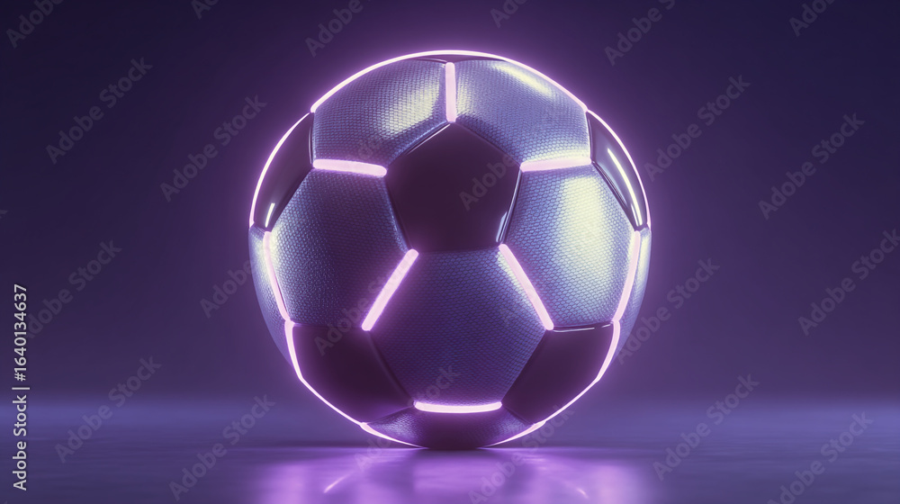 Naklejka premium A soccer ball with neon purple light outlining the panels on a reflective purple surface