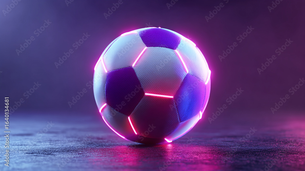 Naklejka premium A soccer ball with purple and white panels illuminated by neon pink lights on a dark background