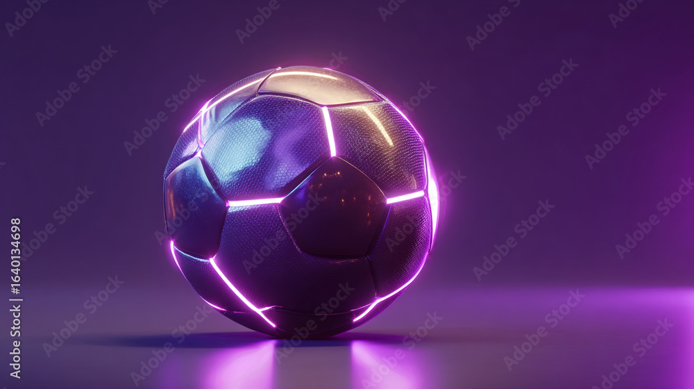 Naklejka premium A soccer ball with neon lights around the edges sitting on a purple reflective surface in studio lighting