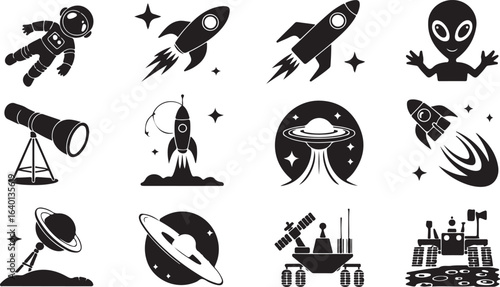 Collection of retro style space exploration and science fiction icons and illustrations