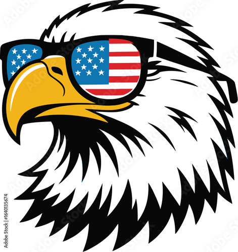 Illustration of an eagle wearing sunglasses with the american flag design on transparent background